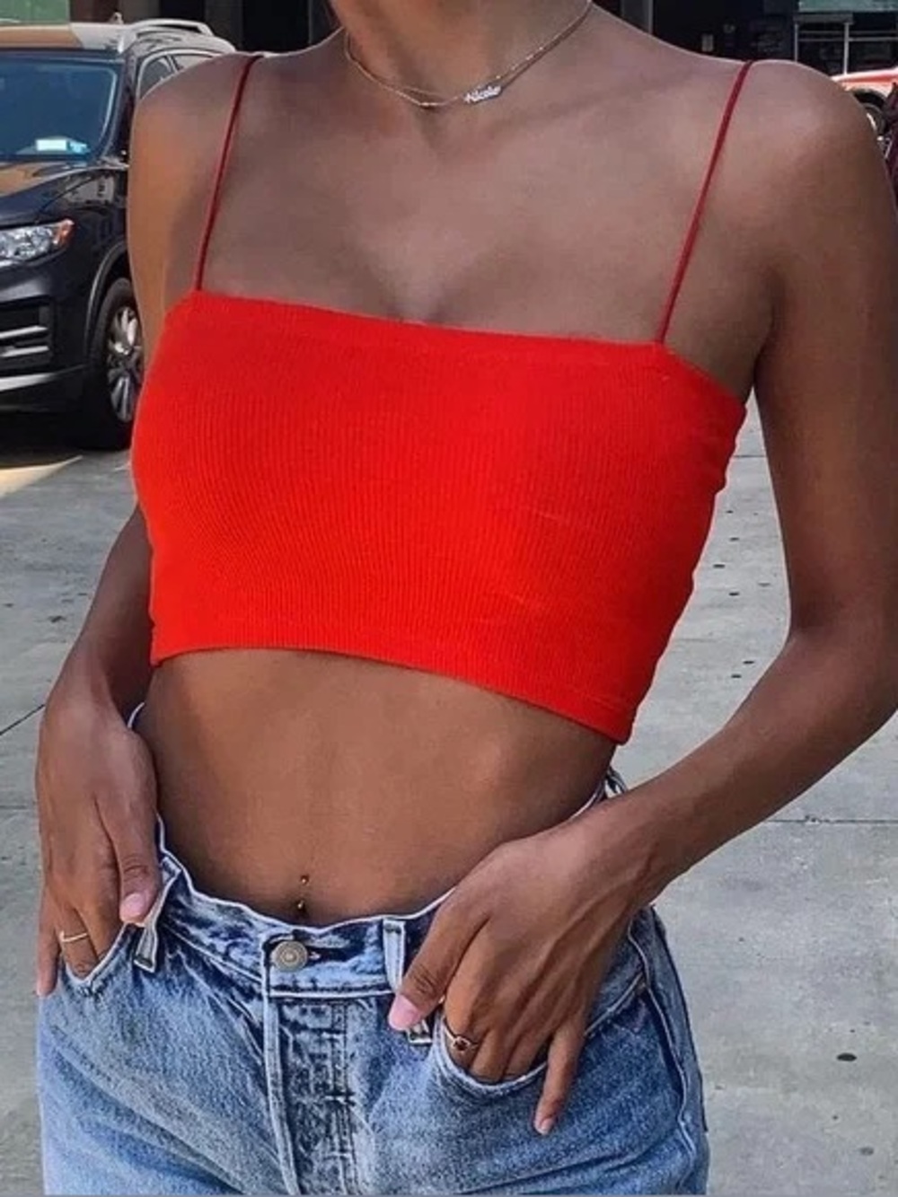 Zara Ribbed Spaghetti Strap Crop‎ Top - Red - Small